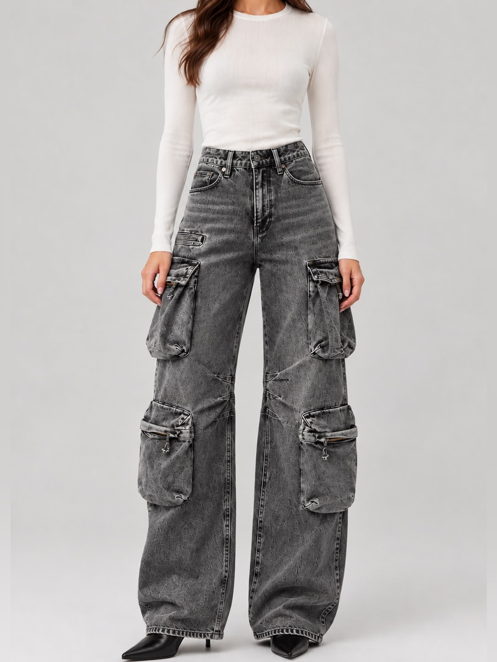 Good American Denim Cargo Jeans Womens 6 28 Black Gray Wide Leg Y2K Utility